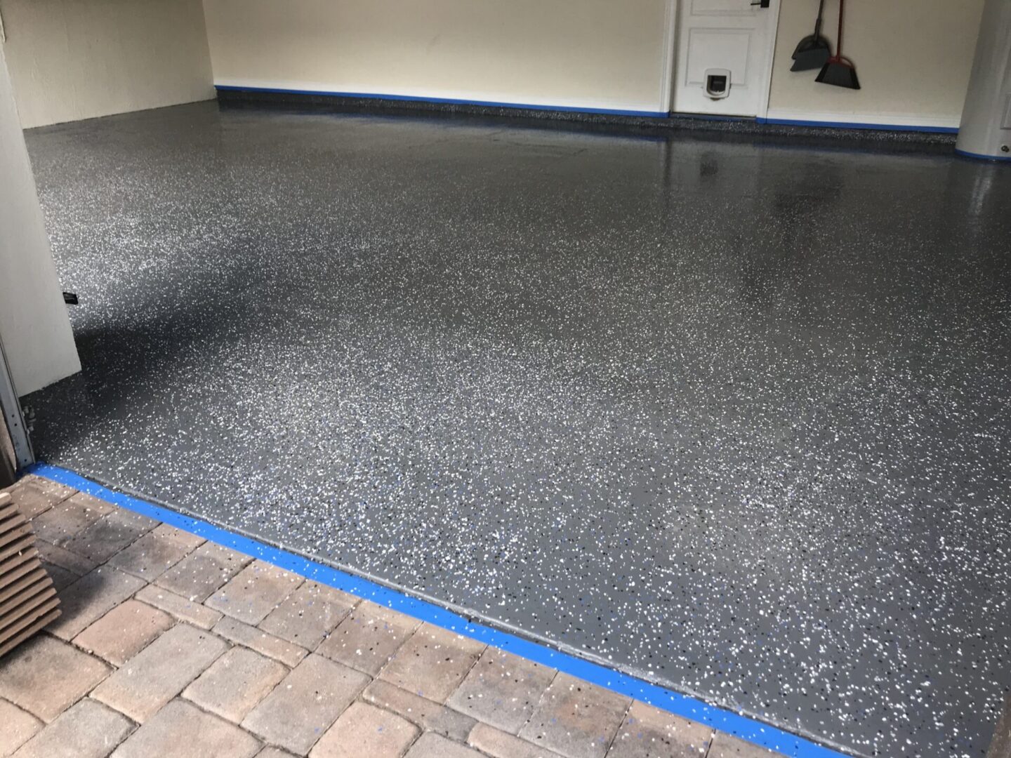 A black and blue garage floor with a dog in the corner.